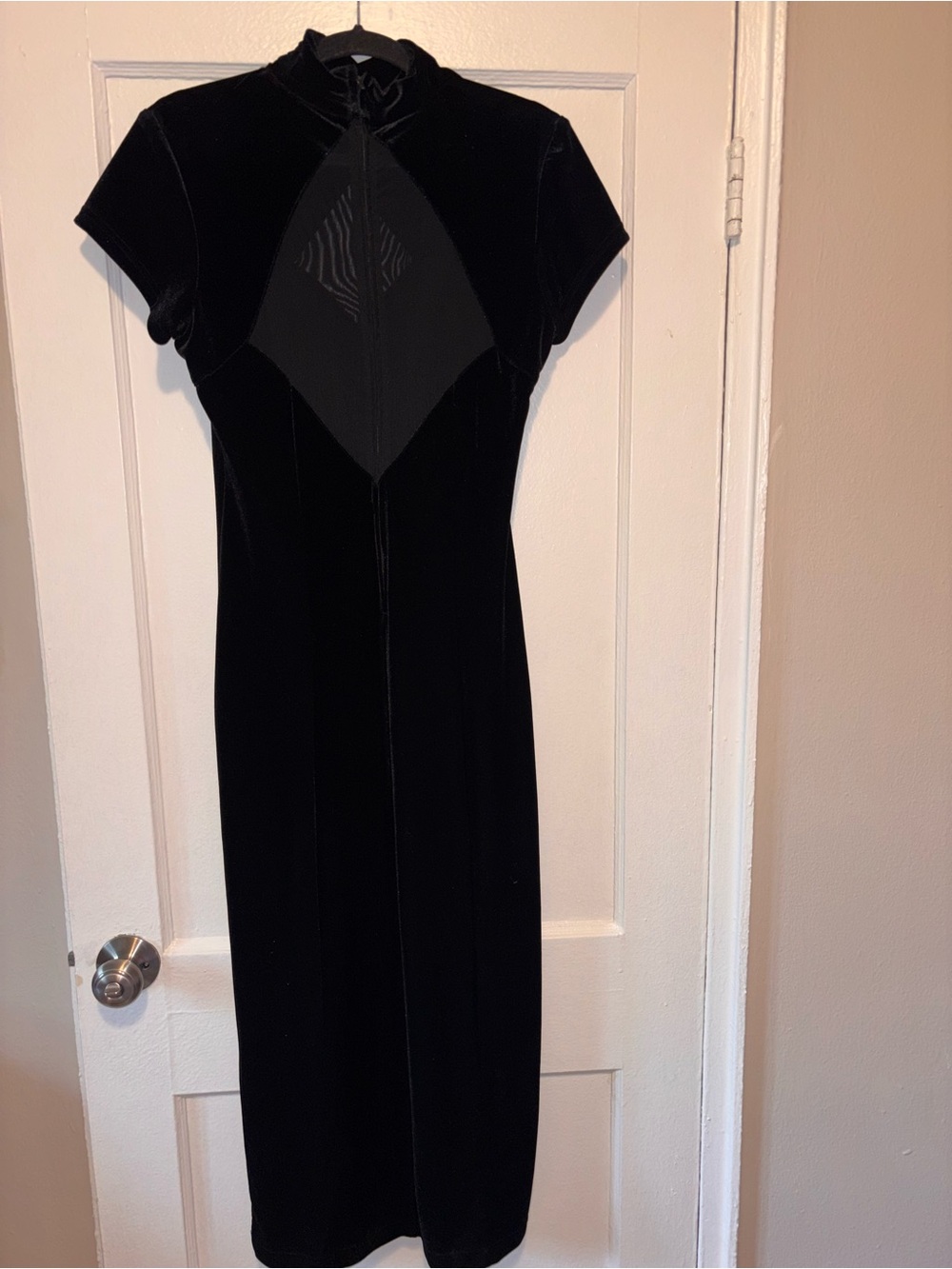 Vintage 90s Short Sleeve Sheer Bodycon Velvet Formal Midi Dress Slit Black 8 - Picture 4 of 7